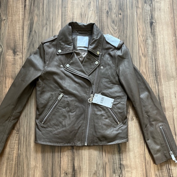 MNG Mango Leather Collection Taupe Sheep Leather Moto Biker Jacket M - Picture 4 of 16